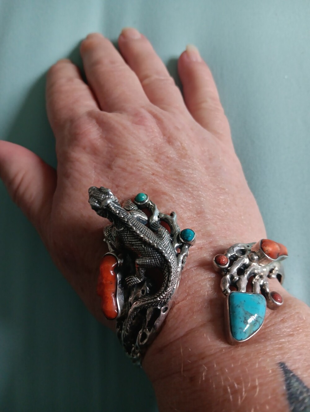 Sterling Turquoise Coral Iguana Wrap Bracelet